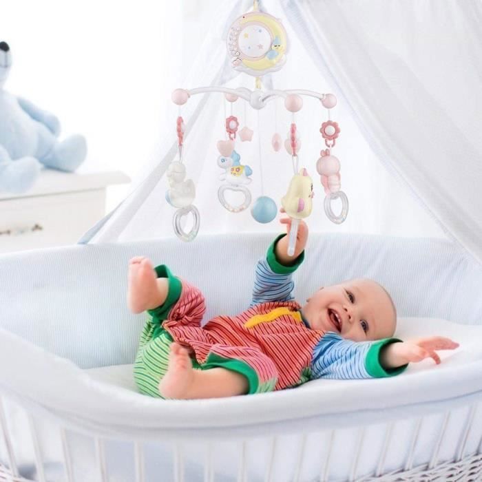 Mobile Télécommandé Musical pour Lit Bébé,Jouets de Confort Dormir,Mobile de Projecteur Tournant- Rose