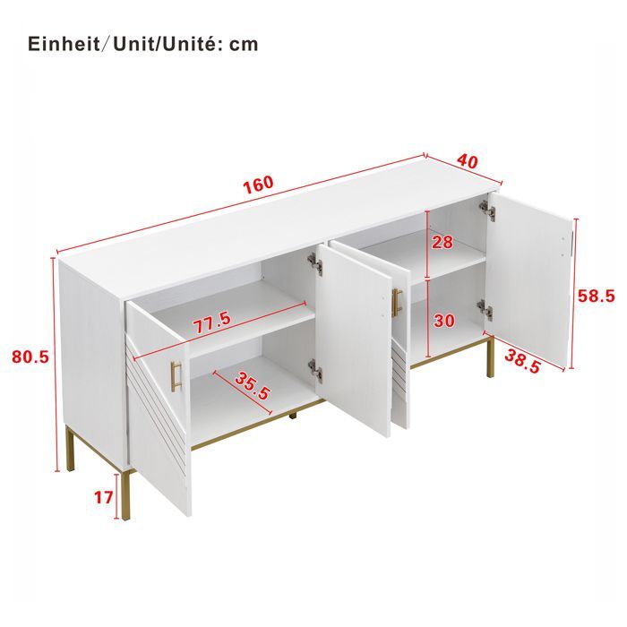 Modern 4-Door Sideboard - 160x40x80.5 cm - White MDF - Geometric Design - Flexible Storage