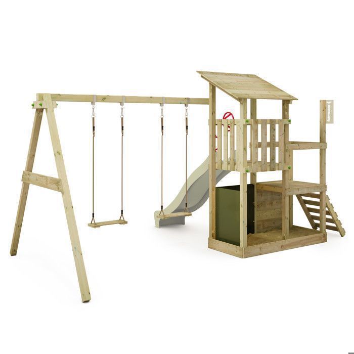 Torre de juegos de madera FATMOOSE FruityForest Fun XXL con columpio doble y tobogán, 220 cm, verde salvia – 10 años de garantía*