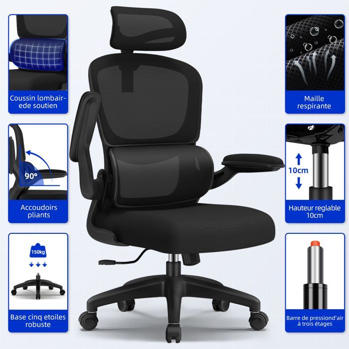 Ergonomic Office Chair, Office Chair, Tiltable and Swivel, Adjustable Armrests, Lumbar Support, Headrest
