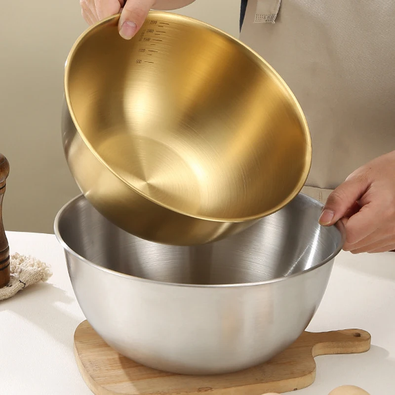 Saladier en acier inoxydable doré et argenté de 17 cm avec graduation, bol pour nouilles de riz et nouilles lamian, vaisselle de cuisine, récipient alimentaire