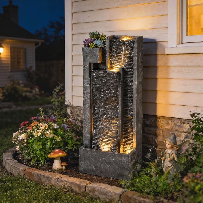 Fuente de jardín exterior Outsunny - Cascada de 3 niveles, macetero y moderna pared de agua - Iluminada con 24 LED - 101 cm - Gris