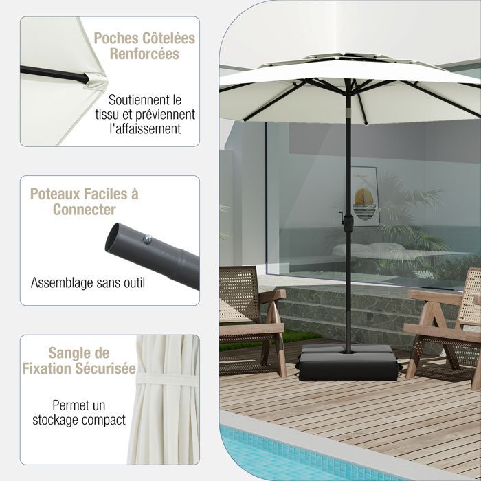 Parasol de Terrasse Ventilé à 3 Niveaux de 300 cm - COSTWAY - Inclinaison à Bouton-Poussoir - Manivelle - 8 Baleines Robustes - Blan