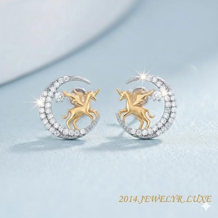 Boucles d'Oreilles - Enfant/Femme - Puces - Licorne - Lune - Plaqué Or Jaune 750/1000 - 3 Microns - 12 mm