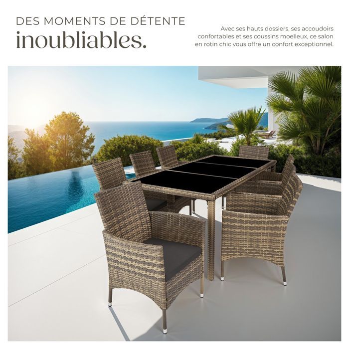 Salon de jardin - TECTAKE - Ensemble détente repas d'extérieur ALMANSA 8 personnes résistant intempéries - Naturel/Gris Foncé