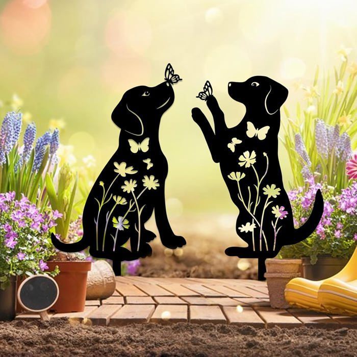 Adornos metálicos para jardín con forma de perro (2 piezas) - AQSACOKIYA - Estacas decorativas para jardín con forma de perro - Decoración para exteriores