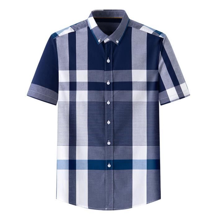 Camisa de manga corta a cuadros para hombre en algodón cómodo - Azul marino