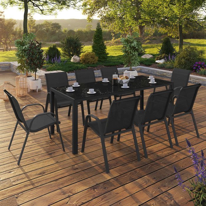 Set di mobili da giardino IDMARKET MADRID: tavolo da 190 cm e 8 sedie impilabili nere.