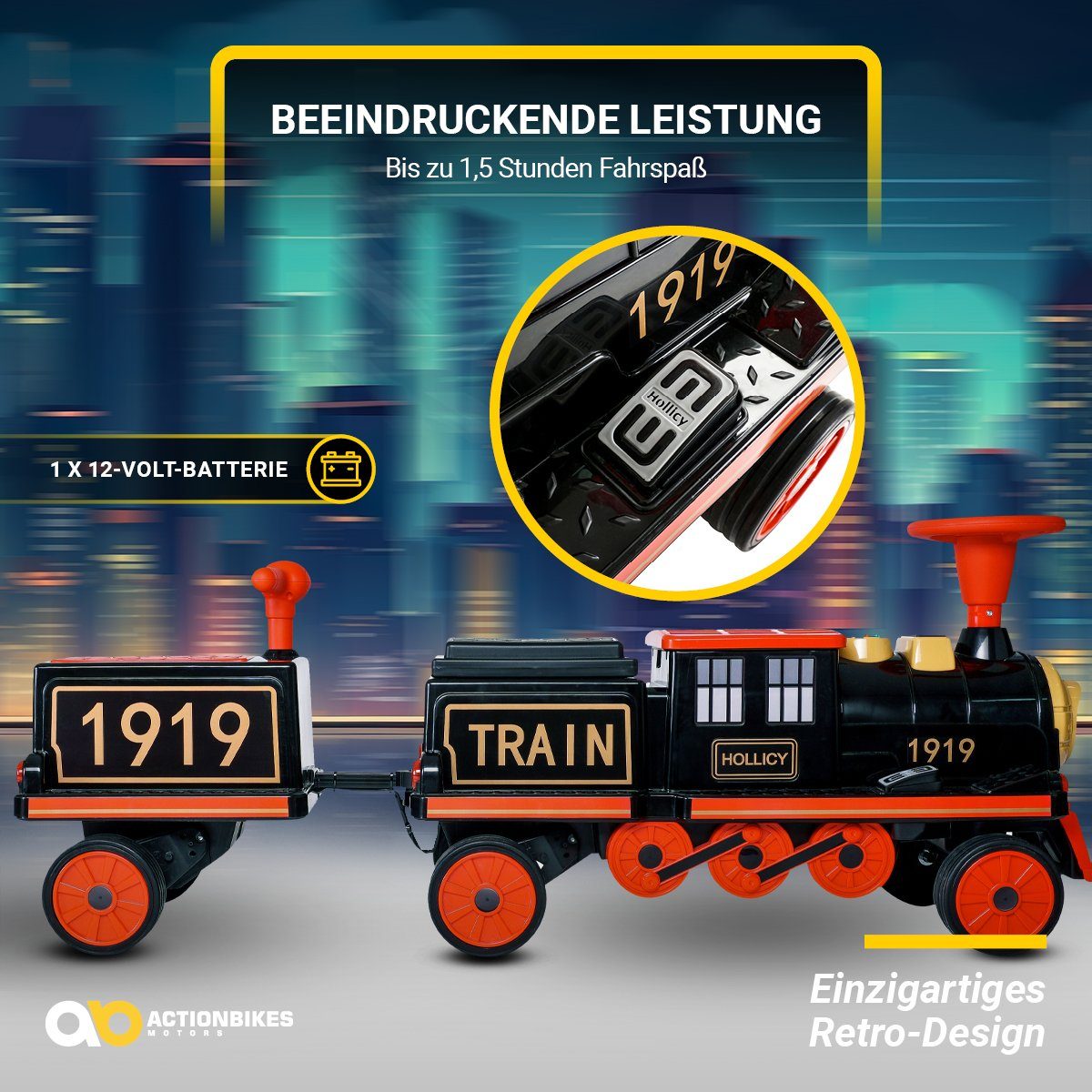 Actionbikes Motors sähköinen lastenauto, lasten sähköjuna perävaunulla, kantavuus 60 kg, (2 kpl), 3 istuinta - äänimerkki ja musiikki - pehmeä käynnistys - 2 x 12 V moottoria