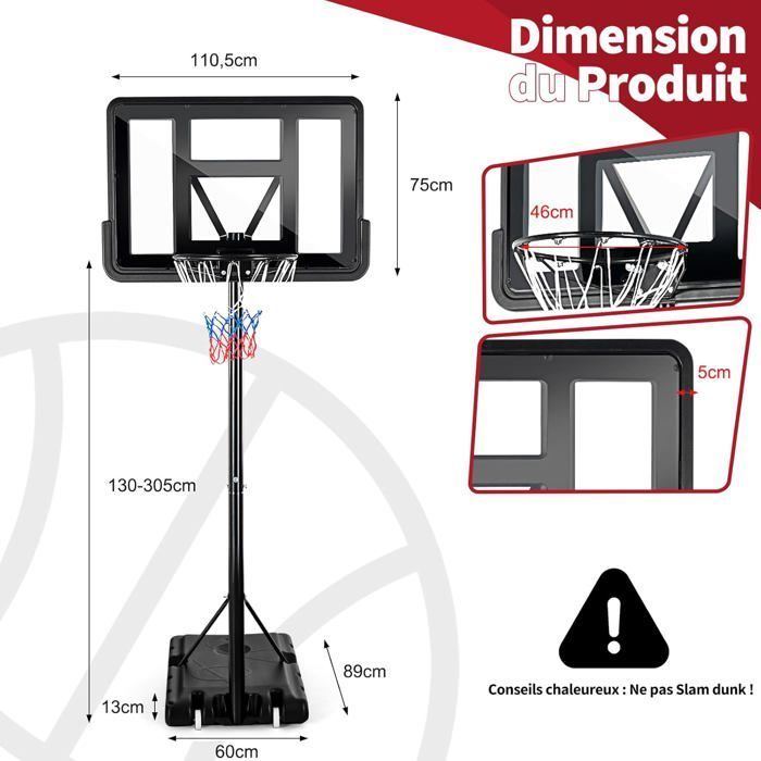 Aro de baloncesto independiente COSTWAY de 130-305 cm de altura ajustable con red de nailon, tablero irrompible, 2 ruedas y poste metálico.