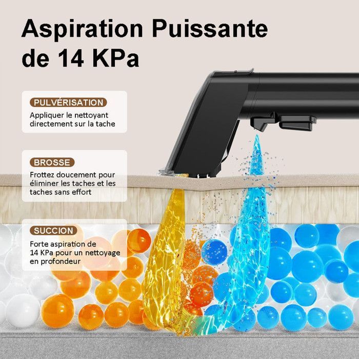 Limpiador de sofás, alfombras y telas de 14 kPa - 3 ajustes de temperatura y 1 función de vapor - Depósitos dobles de 2,0 L + 1,2 L - 22 accesorios multifuncionales