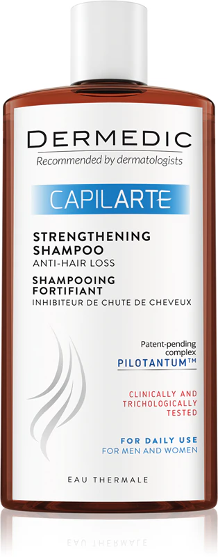 Shampoo fortalecedor Dermedic Capilarte que previne a queda de cabelo.