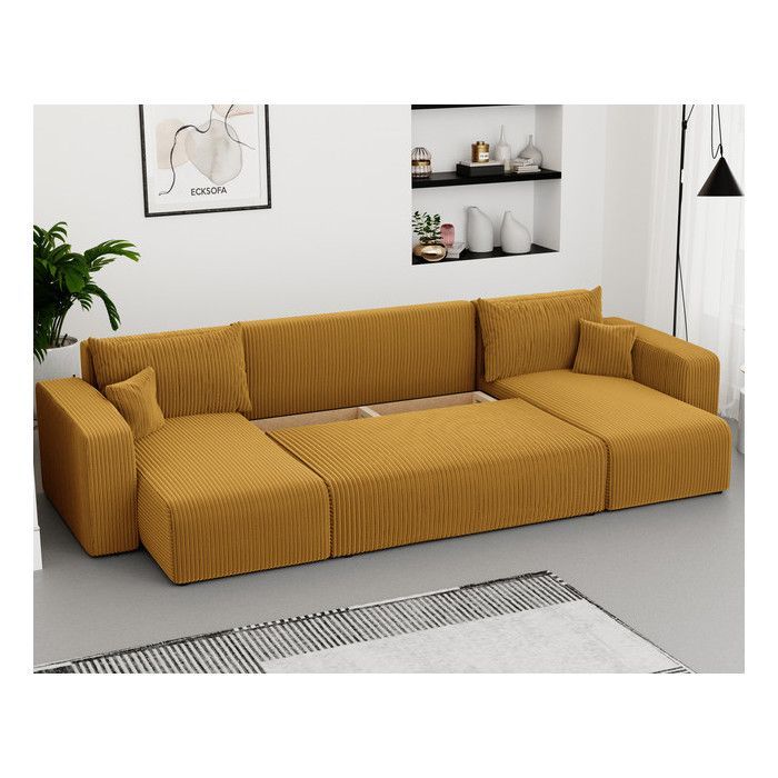 Canapé d'angle Panoramique PIANO U - 7 places - Canape Convertible avec Coffre - Tissu Velours Cotelé - Moutarde