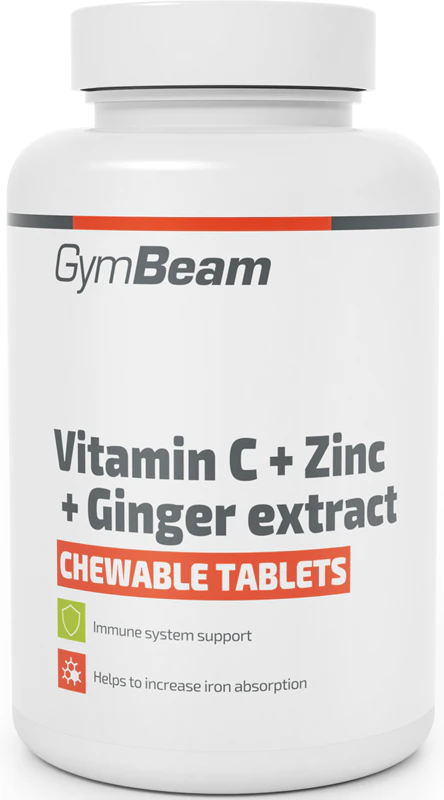 Pastilky s vitamínom C + zinkom + extraktom zo zázvoru GymBeam, doplnok stravy, na posilnenie imunitného systému a zubov a pre krásne vlasy, nechty a pokožku