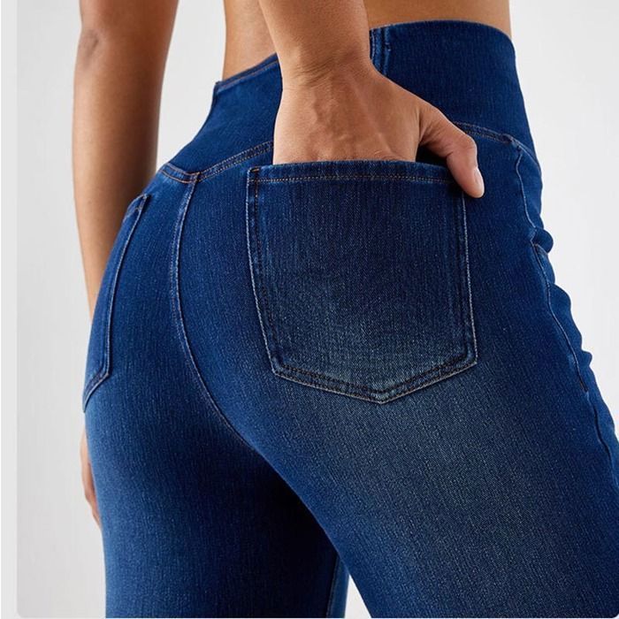 Jeans Femme Bootcut Taille Haute Élastique Pantalon en Denim Évasé Croisé en V Effet Amincissant Avec Poches - Gris Foncé