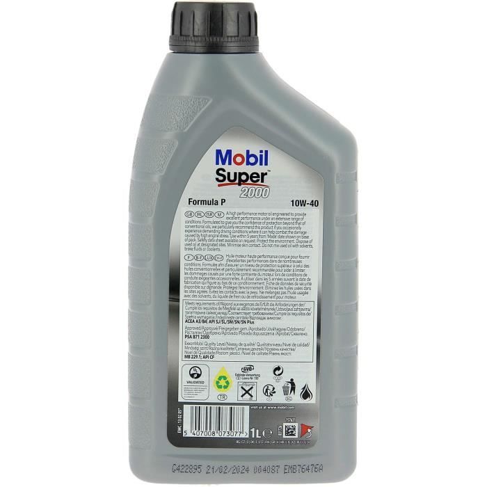 Aceite sintético para motor 10W-40 - MOBIL - Super 2000 X1 - Formula-P - Lata de 5L - Alto rendimiento anticontaminación