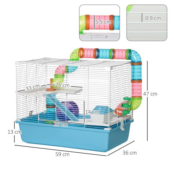 Cage pour hamsters - PawHut - rat rongeur 3 niveaux tunnel biberon eau roue maisonnette - plastique - 59x36x47cm