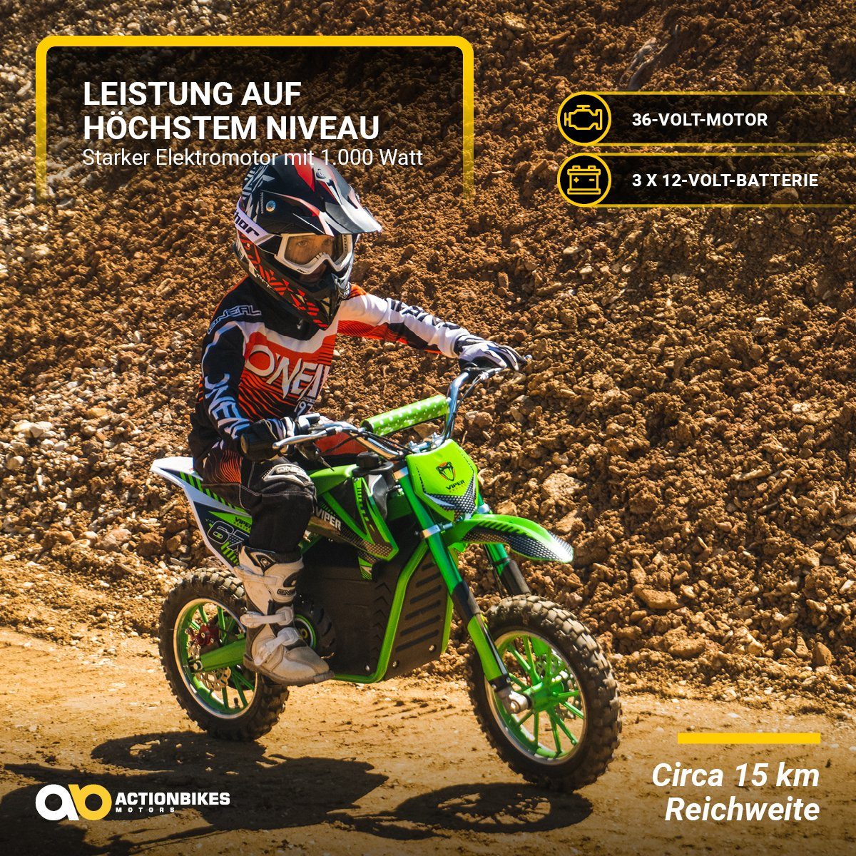 Actionbikes Motors elektrisk barnmotorcykel barncrosscykel Viper 1000 W elektrisk - 3 nivåer - upp till 25 km/h, lastkapacitet 60 kg, (1 styck), mini dirt bike elektrisk minicross pitbike pocketbike från 5 år