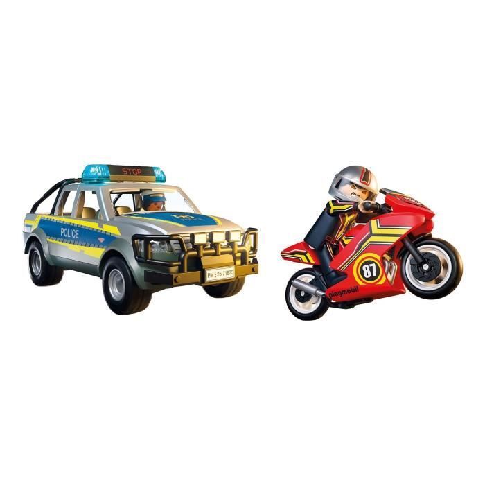 Playmobil 71875 Pickup della polizia, moto e 2 personaggi, agenti di polizia, azione in città, 39 pezzi, età 4+