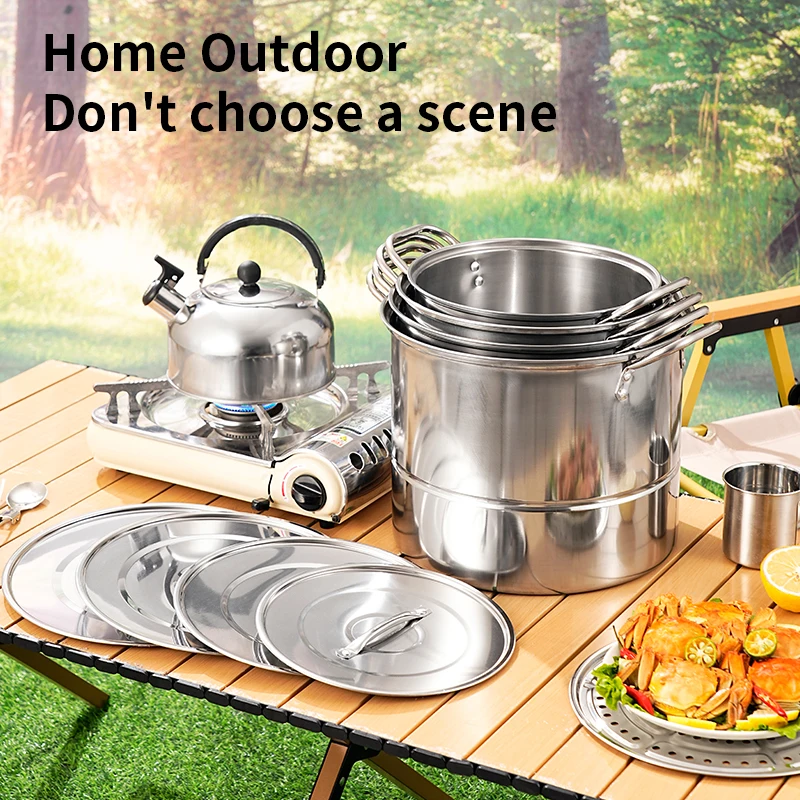 Ensemble de casseroles en acier inoxydable 4/5 avec bouilloire et panier vapeur, sans sélection de plaque de cuisson, idéal pour la cuisine et le camping.