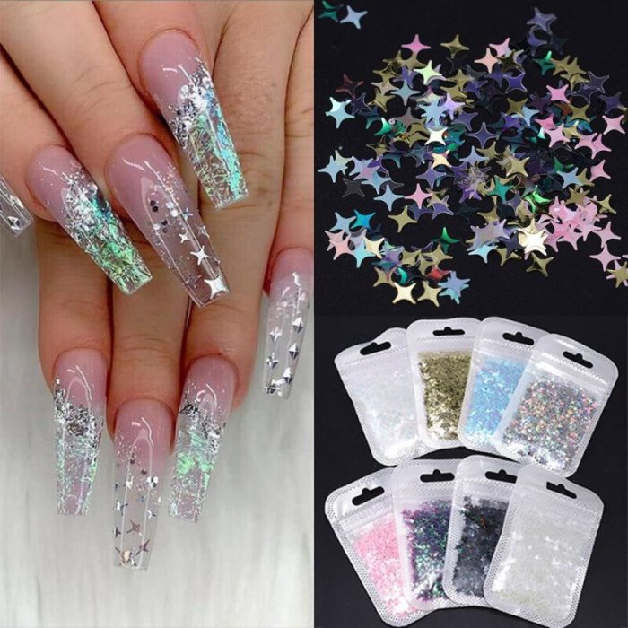 Lot de 8 ongles à paillettes holographiques en forme d'étoile, décoration 3D argentée, sequins et paillettes, accessoires de manucure.