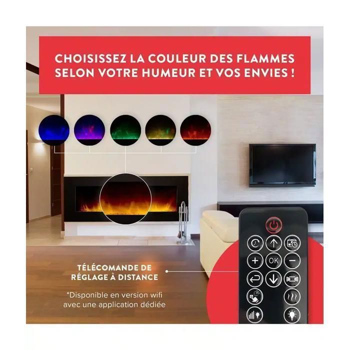 CHEMIN'ARTE - Cheminée électrique Murale Volcano 5XL 180 cm Effet Flammes LED, Chauffage programmable, Télécommande