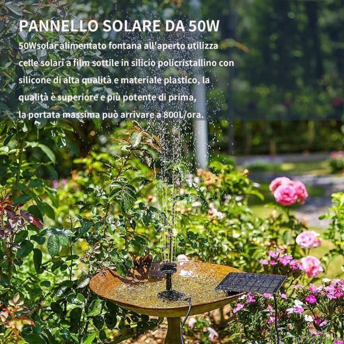 Kit pompa sommergibile solare da 800 l/h per fontana con pannello solare da 50 W - Ideale per laghetti e piscine