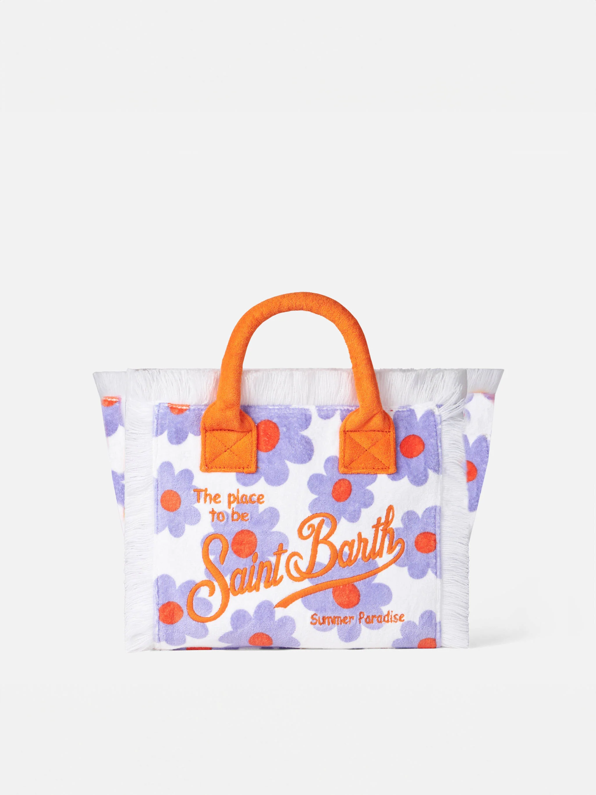 Colette Terry Fringed Handbag with Violet and Orange Daisy Print | MC2 Saint Barth Logo | 30 x 22 x 15 cm