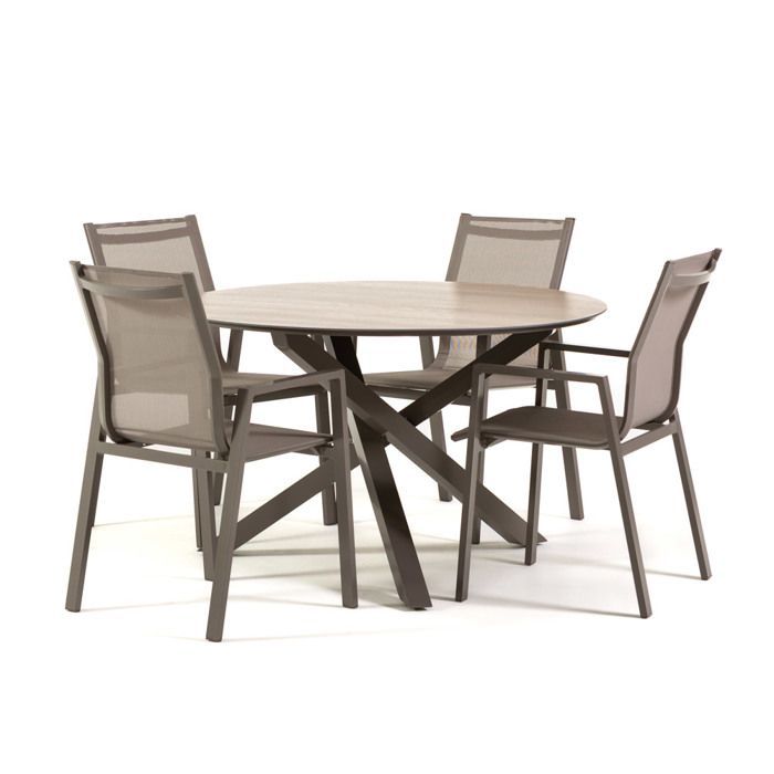 Conjunto de jardín TEO & DINA con mesa redonda de Ø120 cm con efecto madera en SPC y 4 sillas apilables en textilene, estructura de aluminio.