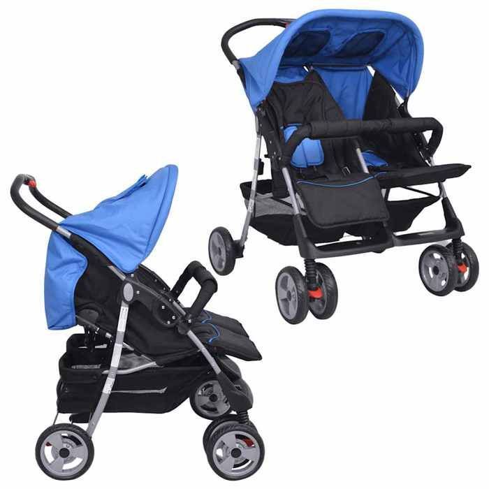 Double stroller - vidaXL - Steel - Blue and black - Adjustable backrest - Lockable wheels