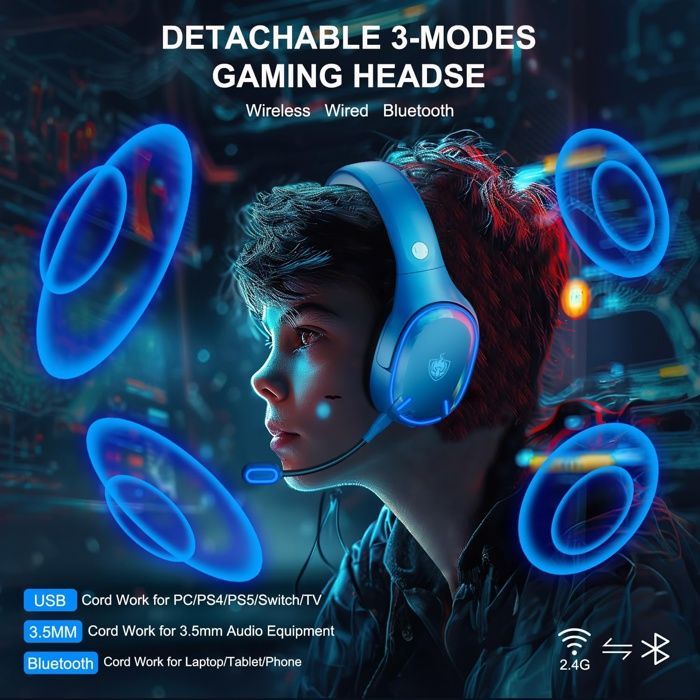 Casque sans fil Bluetooth 5.3 à double puce, microphone antibruit, lumière LED, pour PC/PS4/PS5/TV/Switch, bleu