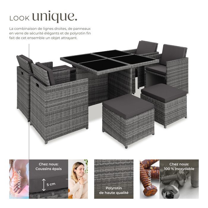 Salon de jardin - TECTAKE - Ensemble détente repas d'extérieur MANHATTAN 8 personnes pliable et encastrable résistant - Gris
