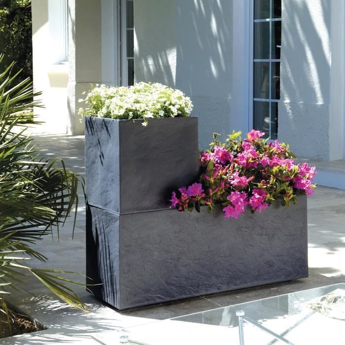 Vaso de plantas - EDA - Volcania - 98 L - Interior/Exterior - Acabamento em pedra - 99,5 x 39 x A. 43 cm - Cinza antracite