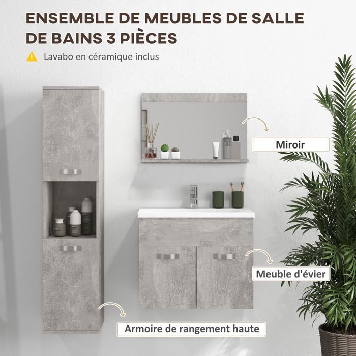 Ensemble de Meubles de Salle de Bain - kleankin - 4 Pièces - Mural - Miroir, Meuble sous Vasque, Lavabo et Armoire Haute - gris