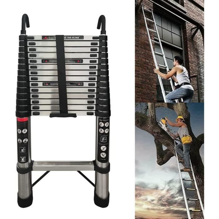 Scala telescopica da 5 m con 2 ganci, scala pieghevole in acciaio inox, scala telescopica per soffitta, portata 150 kg.