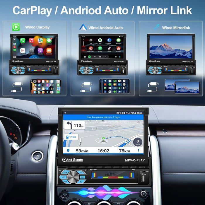 Autorradio 1 DIN con pantalla retráctil motorizada de 7