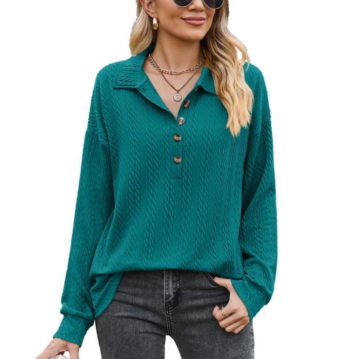 Sweat Femme INSFITY - Col Revers Manches Longues Boutons Automne Printemps - Vert