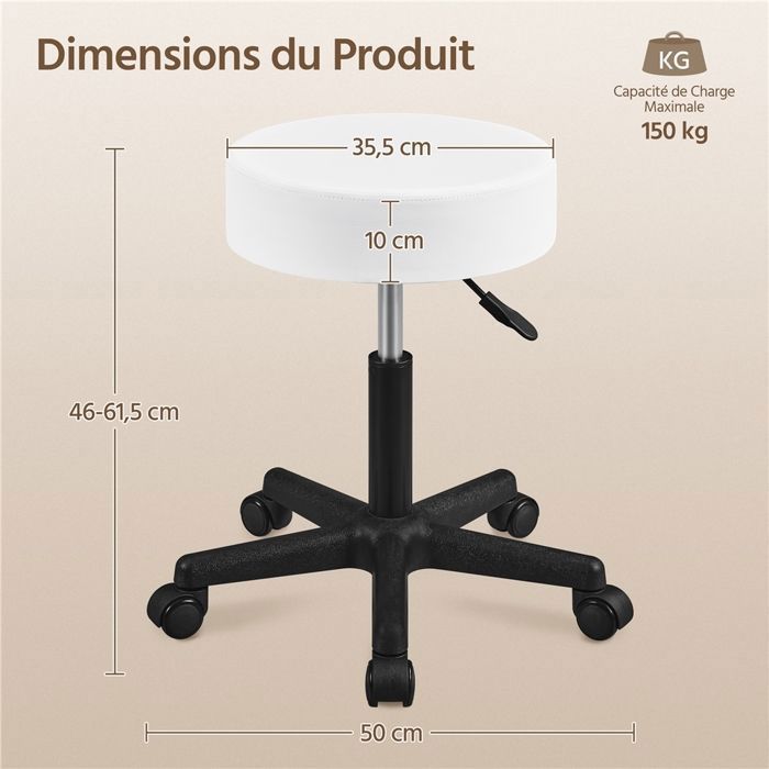 Yaheetech Tabouret Rond à Roulettes Hauteur Réglable 46-61,5 cm avec Assise Rembourrée Revêtement en Similicuir Blanc