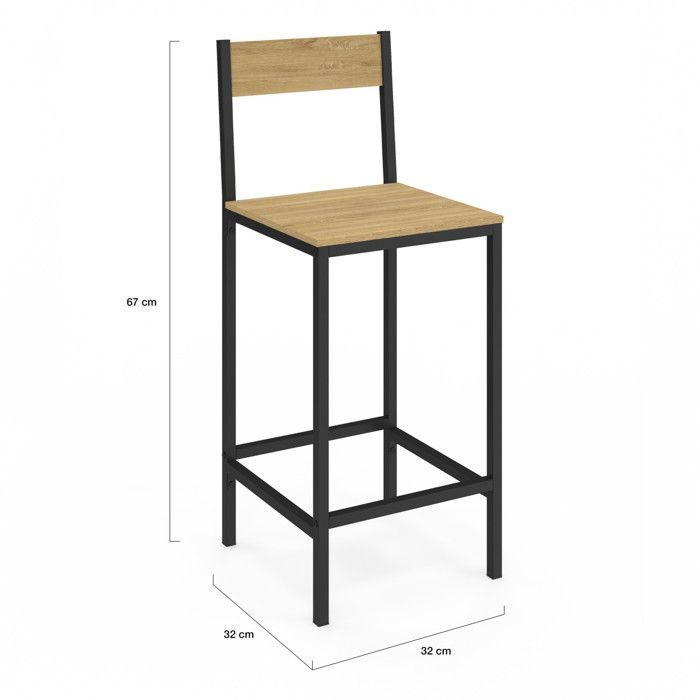IDMARKET Lot de 2 tabourets de bar DETROIT avec dossier chaise de cuisine design industriel