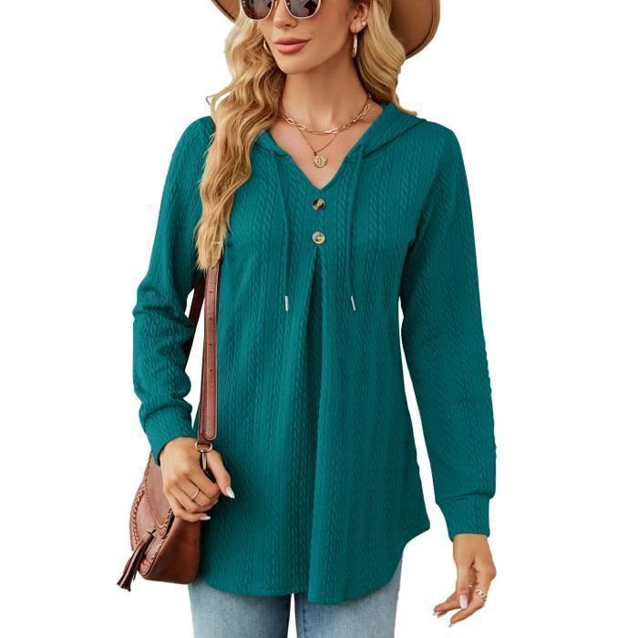 Sweat A Capuche Femme Automne Col V En Tricot - INSFITY - Vert fonce - Manches Longues - Col capuche
