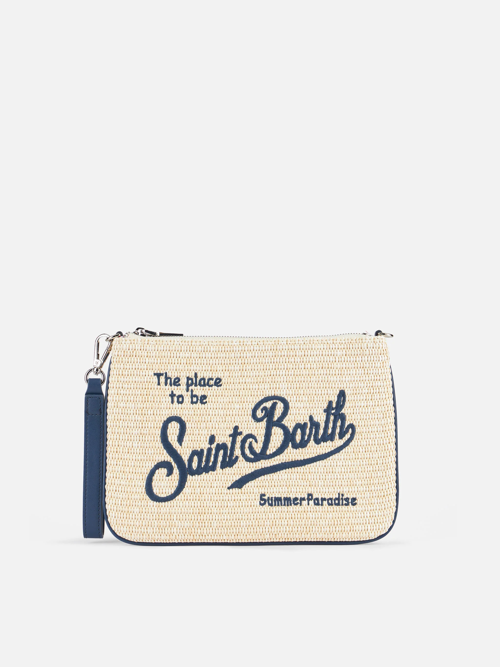 Parisienne Straw Pouch Bag | Beige Synthetic Straw | Saint Barth Logo Embroidery | Zipper Closure | Removable Wrist Strap | MC2 Saint Barth