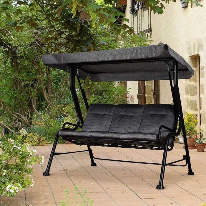 Tuinschommel - Outsunny - 3-zits, extra comfort, verstelbare luifel, kussens - staal - grijs/zwart