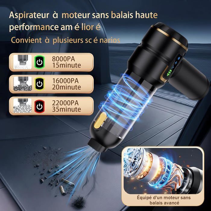 Aspirador de pó portátil - 22000Pa 4 em 1 - Aspirador para carro - 3 velocidades 85.000 RPM - para pelos de animais, veículos e casa, preto