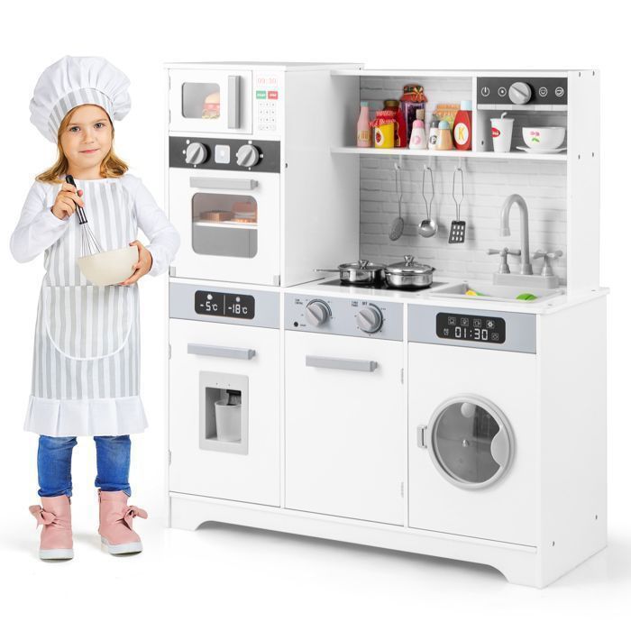 COSTWAY Kinderkeuken voor kinderen vanaf 3 jaar, 7 accessoires, waterdispenser, magnetron, oven, wasmachine, geluiden en lichtjes