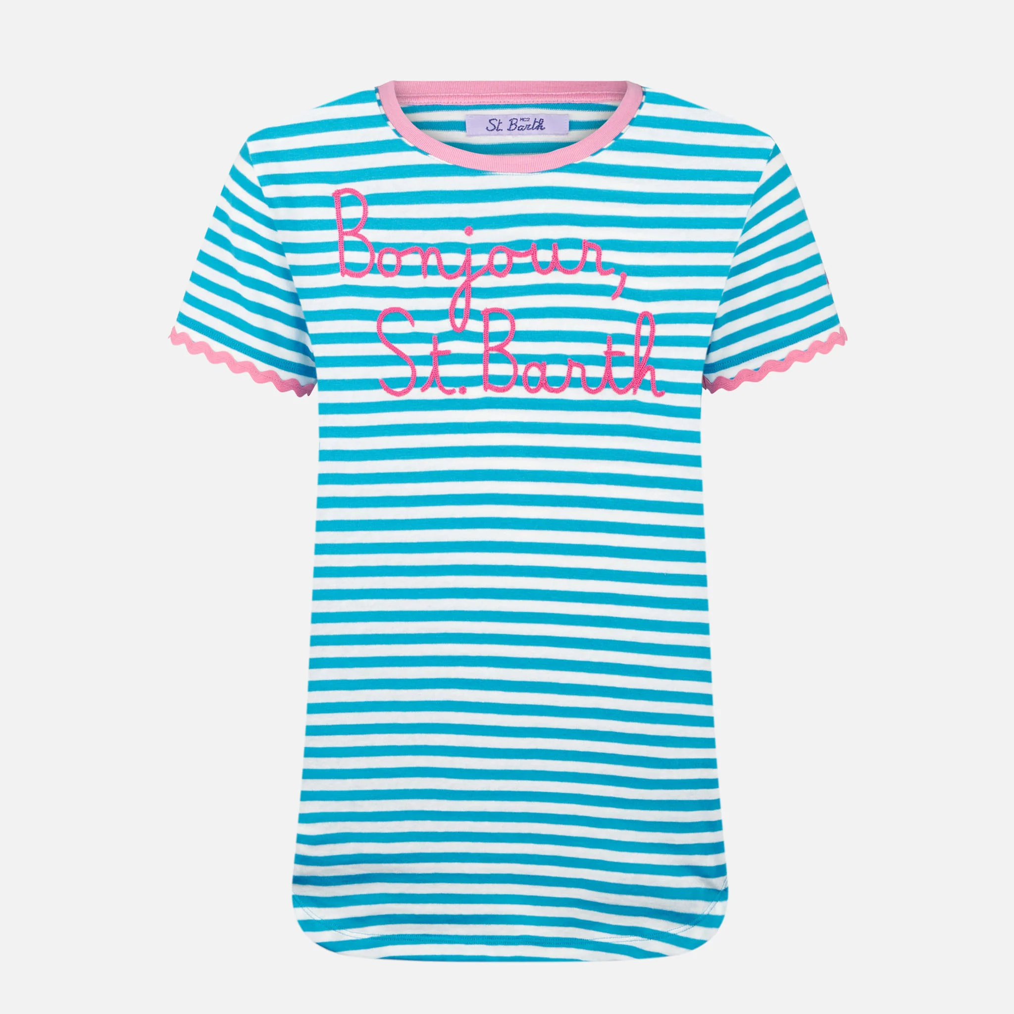Dames katoenen T-shirt met geborduurde tekst Bonjour St. Barth