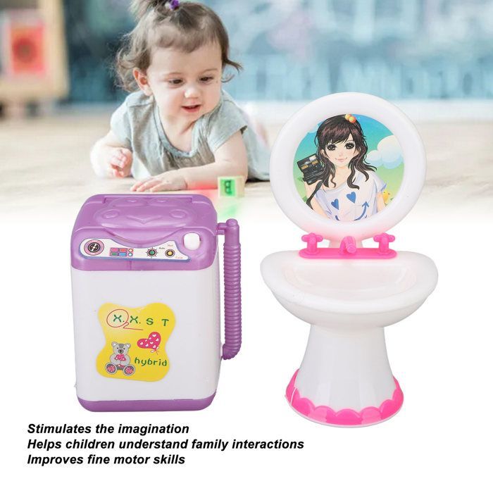 Dollhouse bathroom set, miniature toilet simulation, sink, bathtub, mirror, washing machine.