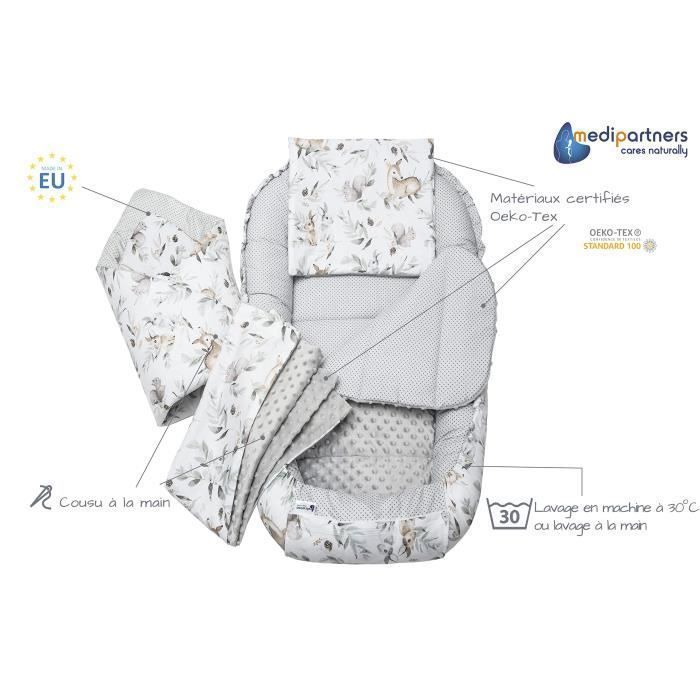 Medi Partners Baby Bed Reducer, 100% Cotton, Newborn Baby Nest with Removable Insert, 100x60x15 cm, Deer in Leaves, Grey