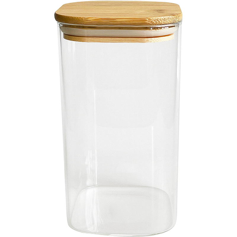 Keukenopbergdoos van glas, 1,5 liter, met bamboe deksel.