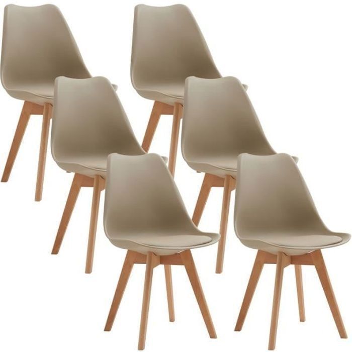 Set of 6 Scandinavian Beige Dining Chairs, Designer Dining Chairs in Faux Leather and Solid Wood