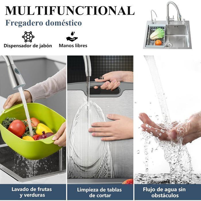 Lavello da cucina in acciaio inox, 1 vasca, vasca singola, vasca grande, dispenser di sapone, cestello scolapiatti (55 * 45 cm)